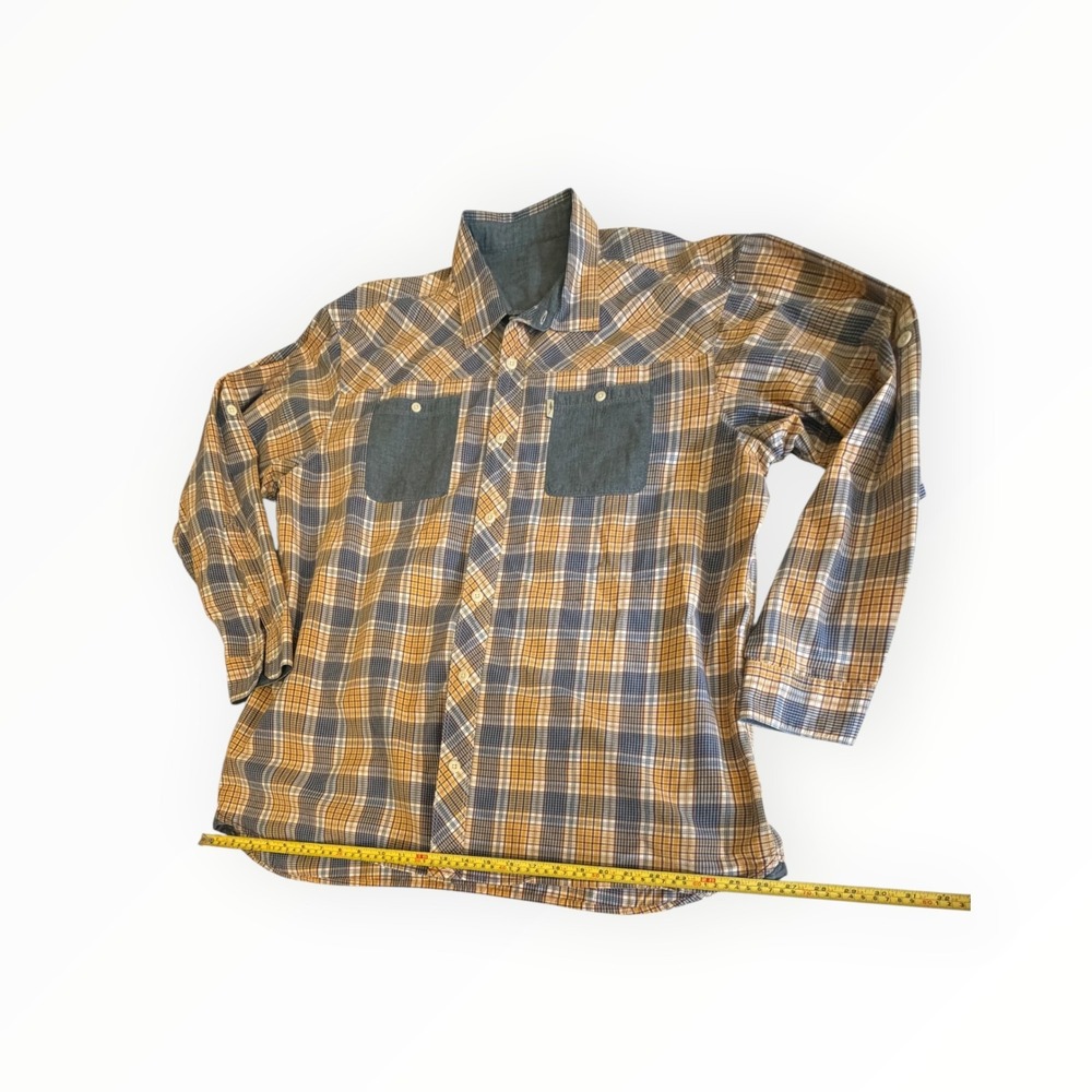 Bob Timberlake Mens 2XL Plaid Shirt 100% Cotton Blue Mustard Long Sleeve Button - Picture 9 of 12